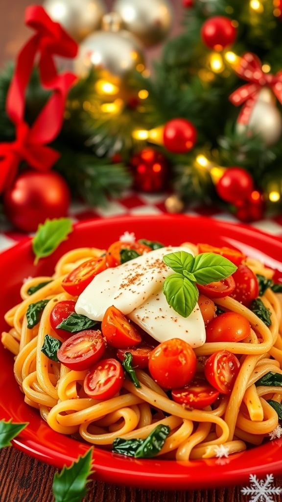 Festive pasta dish with cherry tomatoes, spinach, and cheese on a red plate, decorated for Christmas.